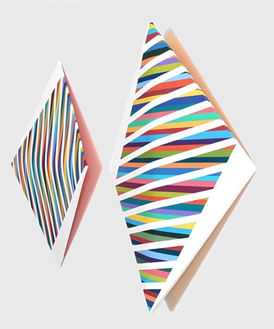 Two abstract sculptural paintings with colorful stripe motif