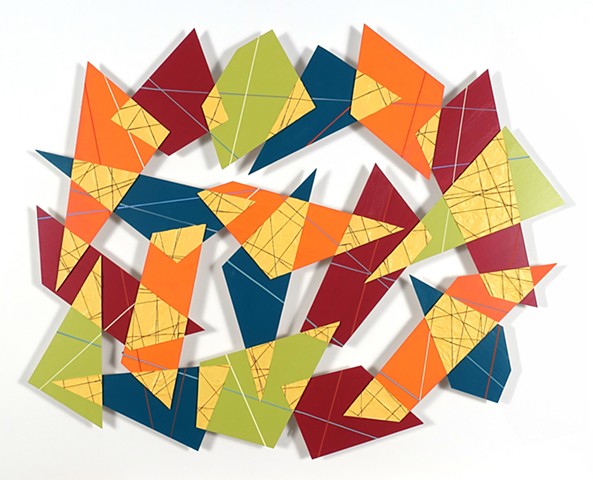 Colorful abstract construction with patterns and irregular shapes