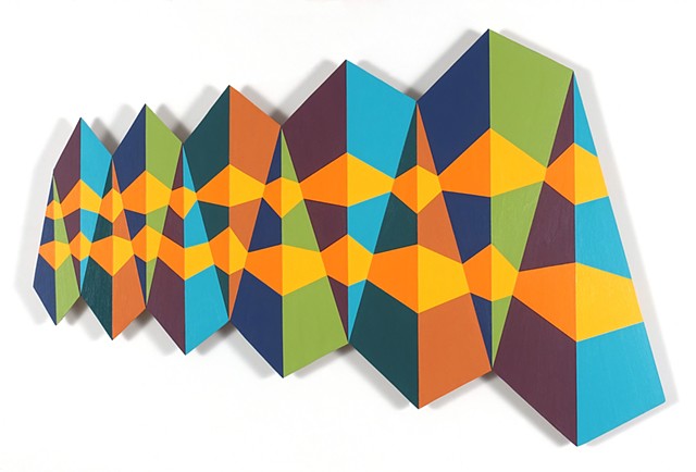 row of colorful triangles intersected by two irregular patterns