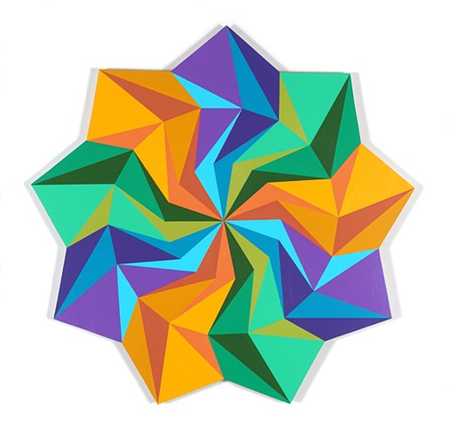 Circular abstract geometric painting on shaped panel