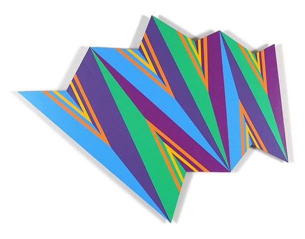 Abstract irregularly shaped piece painted with 12 differently colored triangles and linear details