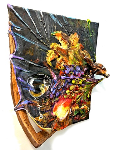 Wine Glass, Grapes and Peach Distort with Sparrow (Side View)