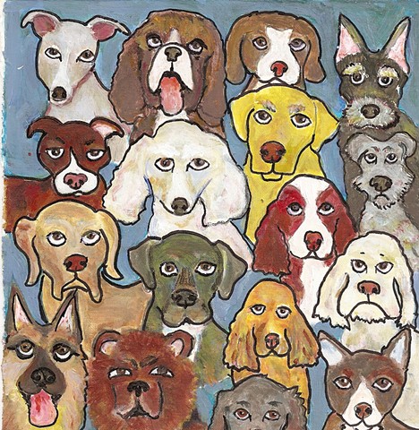 Going to Dogs, a cartoonish painting in acrylics of different dog breeds
