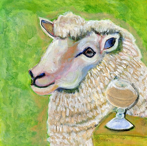 Painting of a Sheep next to a drink