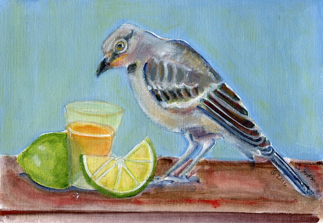 Painting of mockingbird with a tequila shot