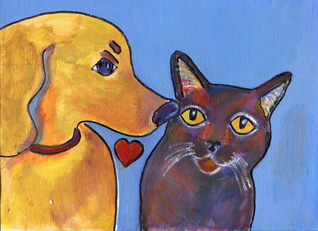 Sweet painting of a dog kissing a black cat for sale 