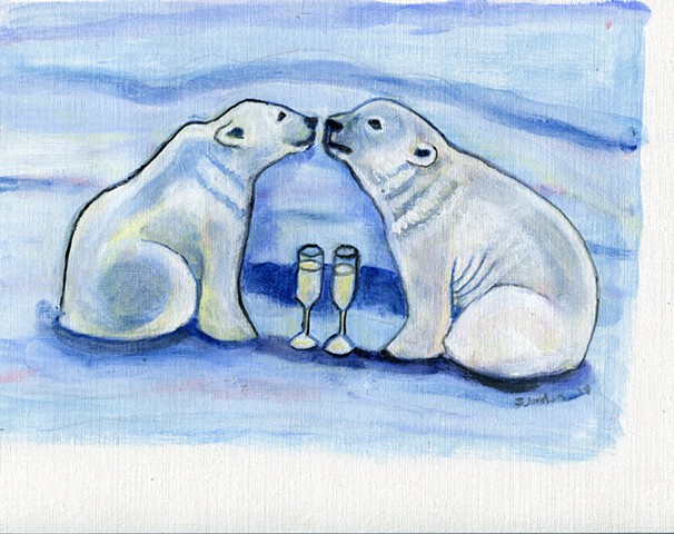 Two Polar Bears, kissing, next to a champagne glass.