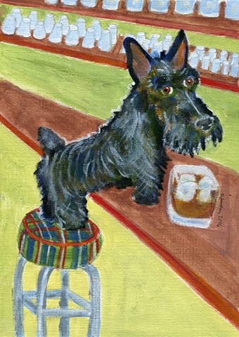 A painting of a black scotty dog stands on a tartan covered stool ready to drink scotch and soda.
