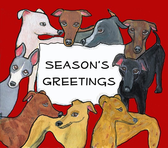 Greyhounds say Seasons Greetings, greyhound card design