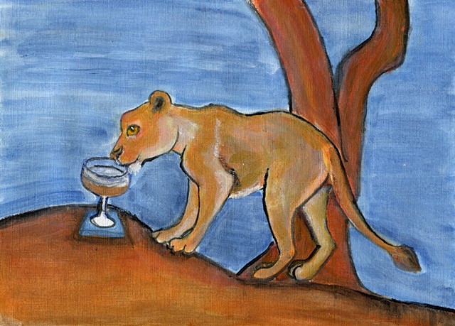 Lion drinking a cocktail on savanah