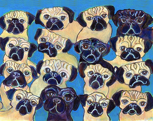 Painting of pugs in a group for sale