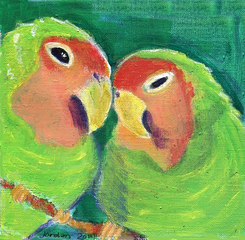 green lovebirds on a green background