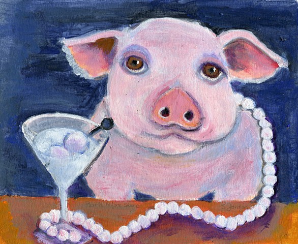 Pig wearing pearls drinking a martini