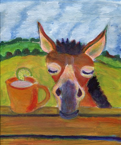 Mule next to a fence with a drink in a copper cup