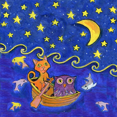 Owl and Pussy Cat illustration; illustration of Edward Lear's poem, The Owl and the Pussycat