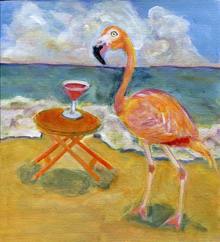 Pink Flamingo bird near a pink flamingo drink