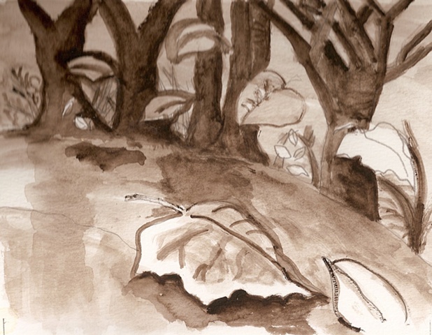 Sepia toned ink drawing of leaves falling