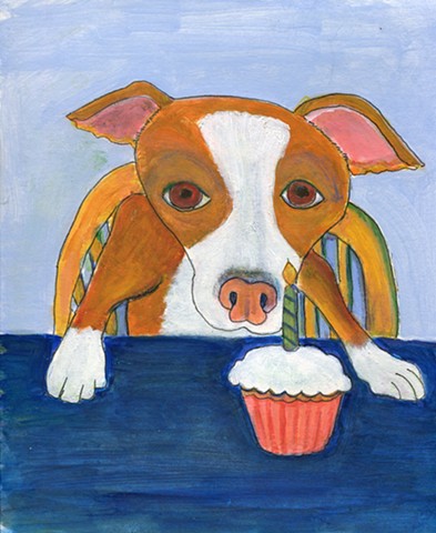 Painting of a pitbull eating a cupcake - for sale