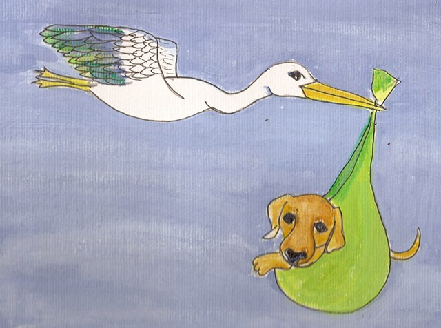 Painting of a stork carrying a pup