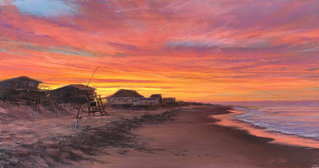 The vibrant sunset paints the beach at the Hayman Access in the Outer Banks.  This painting is available at the Seaside Art Gallery in Nags Head, NC.