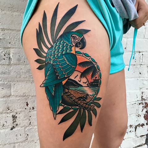 Shirley Liang on Instagram: “Green cheeked conure started on Hellen's thigh  piece! Happened to work out that som… | Parrot tattoo, Black ink tattoos,  Animal tattoos