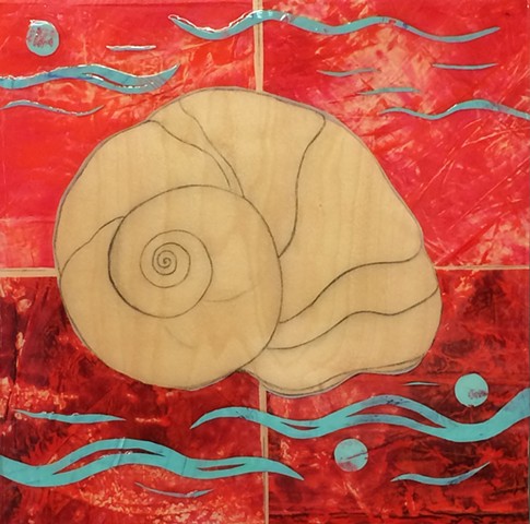 acrylic mixed media collage painting of luna snail made of original materials by artist Barbara Bowen