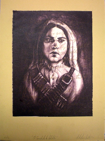 Artist: Linda Lucía Lucia Santana, Printmaking, Printer, Drawing, Corridos, La Adelita, Soldadera, Lithograph. Lithography