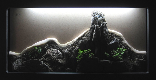 chinese landscape shadowbox with plants and waterfall
