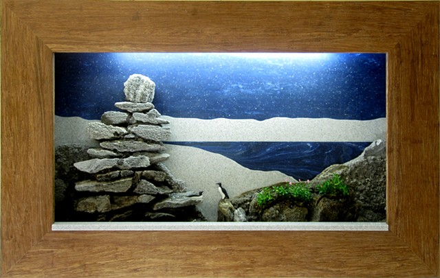 lighted shadowbox feather rock fountain with plants and miniature birds