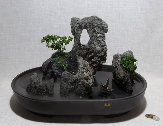 Tabletop feather rock fountain with live plants, pump, and fogger