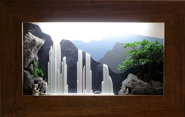 Chinese landscape shadowbox wall fountain with plants and waterfall