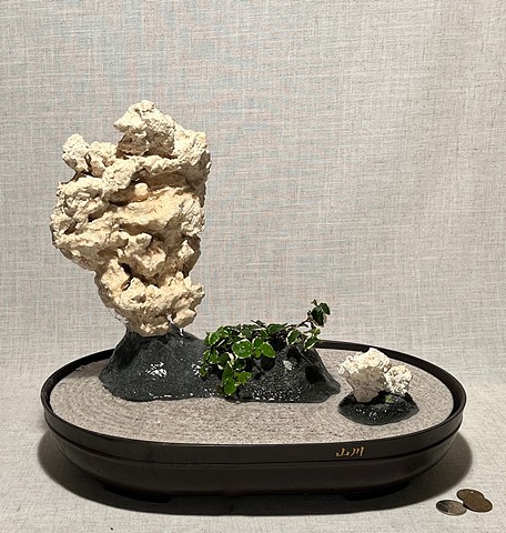 A tabletop fountain with sustainable coral rock, live ivy plant, and tiny brass frog