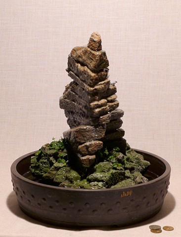 tabletop feather rock fountain with creeping fig