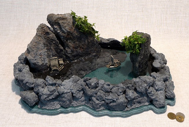 Corian and feather rock fountain with mudmen miniatures