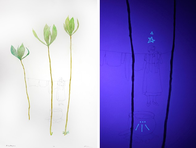 The right hand image is a detail under UV light.
