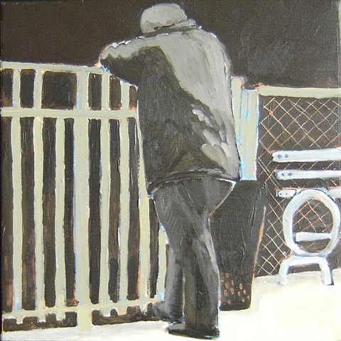 man in New York park leaning on fence acrylic painting