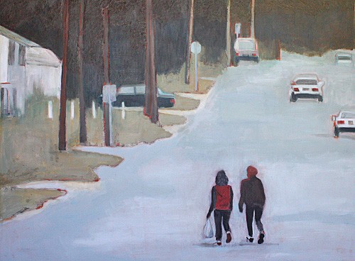 two figures walking down street acylic painting