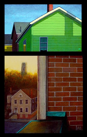 painting of green bricks urban landscape by Art Ballelli
