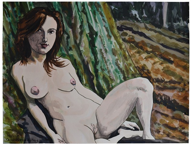 Reclining female Nude in Nature, porn, erotica, erotic, drawing, ink, pen, watercolour