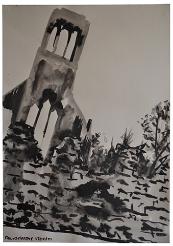 Indian ink, church, ruins, contemporary