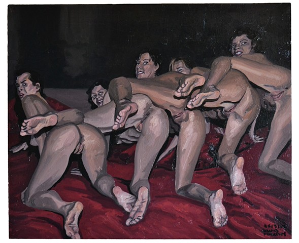 Five Women Baring Their Bottoms, david murphy, cypher, oil on Wood, new, realist