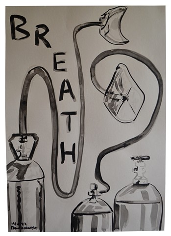 COVID-19, covid, oxygen tank, fear, death, dying, last breath, drawing, ink, Indian ink, contemporar