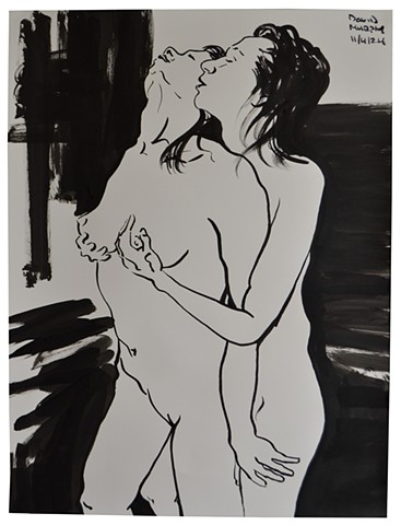 Lesbians Embracing, drawing, brush and Indian ink, girls, woman, 