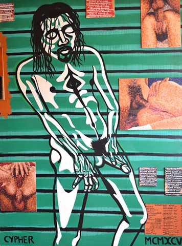 nude self-portrait, dick pic, male nude, erection, hard-on, pornography, porn, acrylic painting, assemblage, erotica, outsider, neo-expressionism