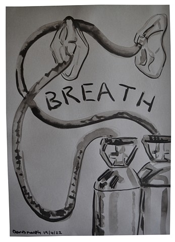 COVID-19, covid, oxygen tank, fear, death, dying, last breath, drawing, ink, Indian ink, contemporar