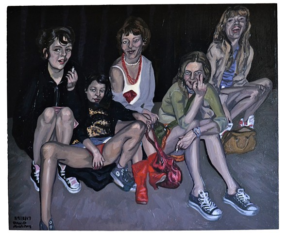 Five Girls Sitting on Pavement, david murphy, cypher, oil on Wood, new, realist