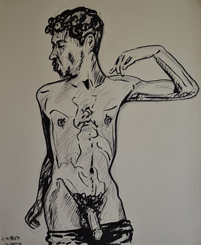 monkey boy, male nude, self-portrait, pencil, drawing, david murphy, cypher, the panic artist