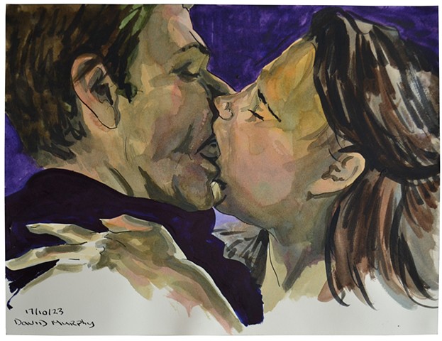 Kissing Couple, erotica, erotic, drawing, ink, pen, watercolour