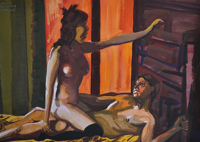 Lovers in Darkened Room, David Murphy, Gouache, portrait