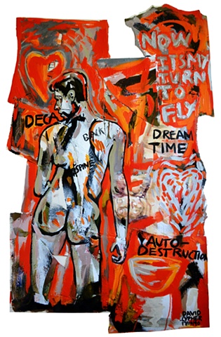 Dream Time, collage, Neo-Expressionism, male nude, male nude self-portrait, confessional art, shock art, shocking art, contemporary art, contemporary painting, contemporary drawing, curator, art collector, visual art, art journal, art lover, kunst